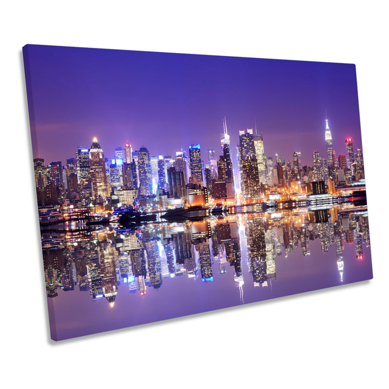 New York City Skyline Purple - Wrapped Canvas Print, 81.3cm H x 121.9cm W x 4cm D