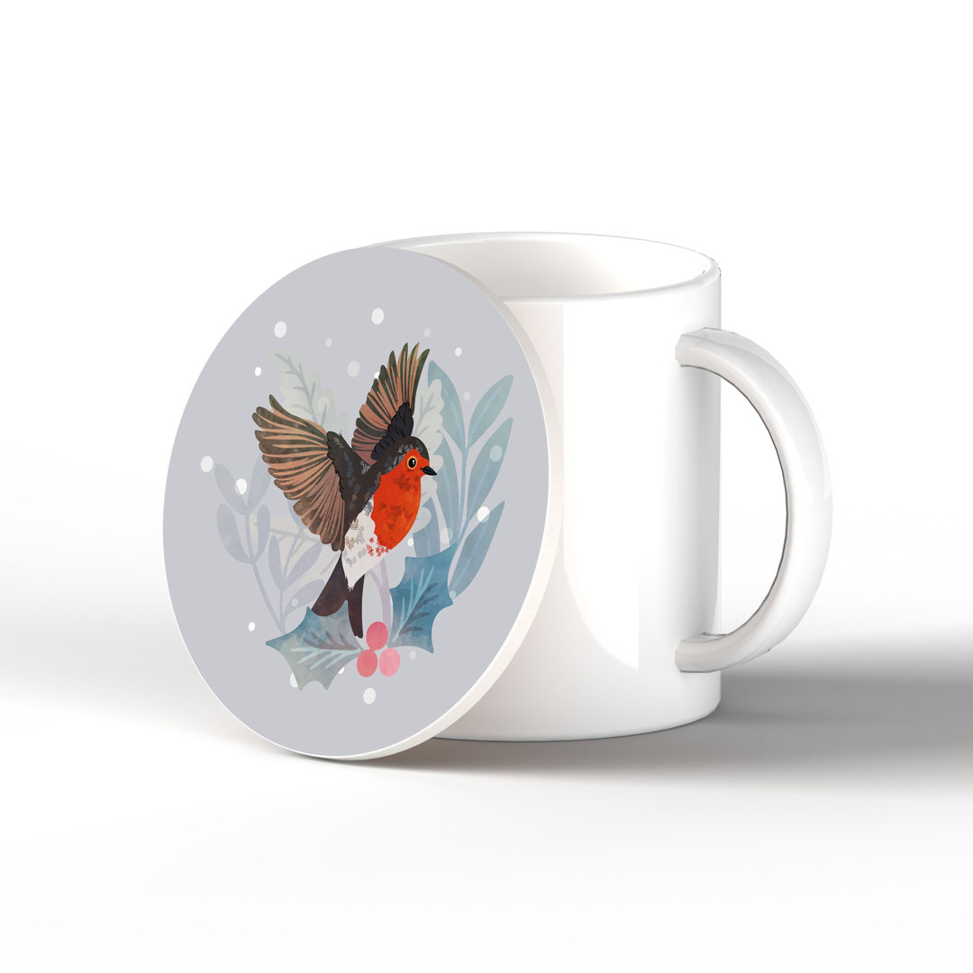 Festive Robin Landing Christmas Ceramic Round Coaster