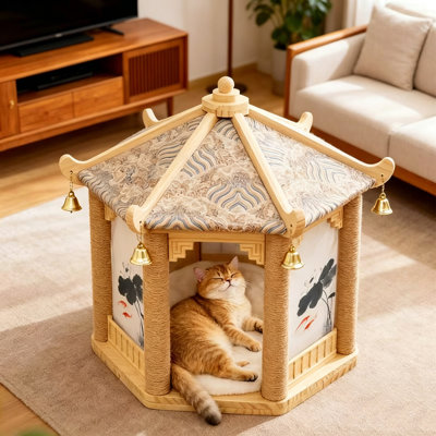 Chinese Retro Hexagonal Pavilion Cat House | Solid Wood Cat Tree with Sisal Posts | Compact Home Pet Resting Hut for All Seasons