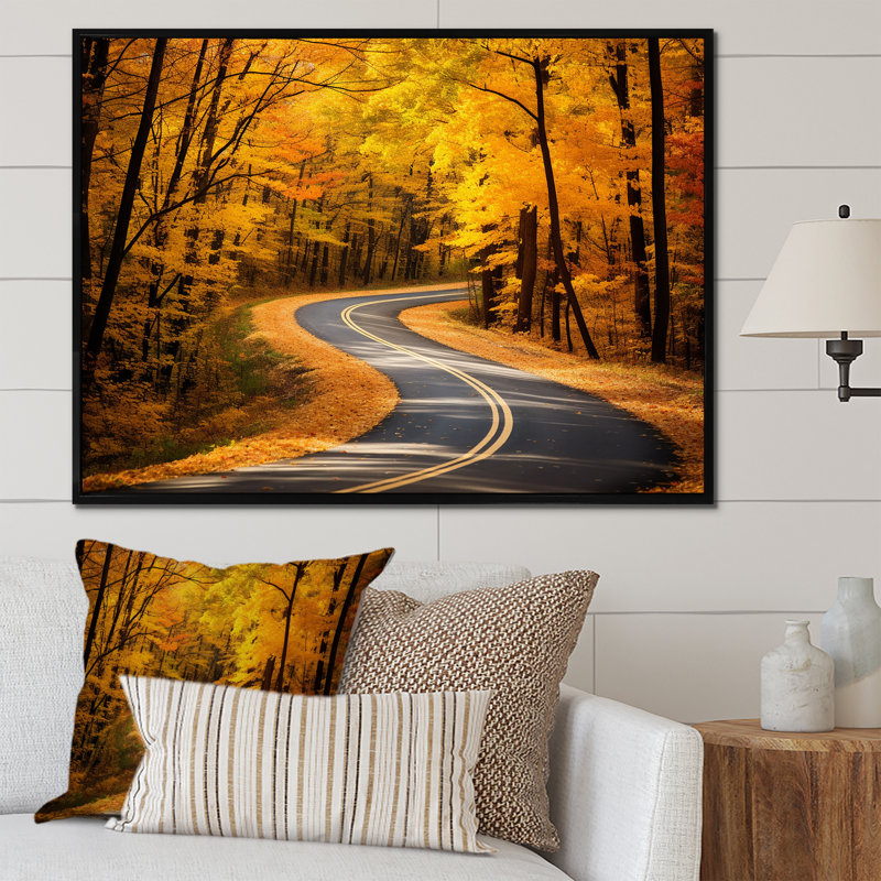 «Golden Road Into The Autumn Forest II - Road», art mural, Cadre flottant noir, H 24 po x l 32 po x P 1 po