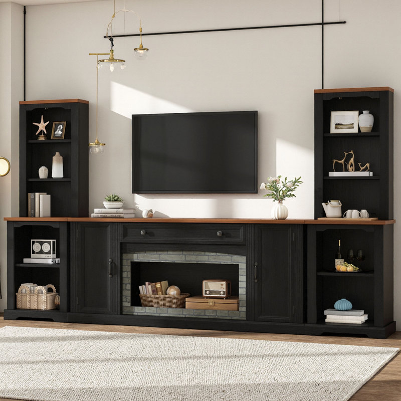 Ensemble de meuble télé 3 pièces avec armoires latérales incurvées, centre de divertissement avec tablettes, Noir