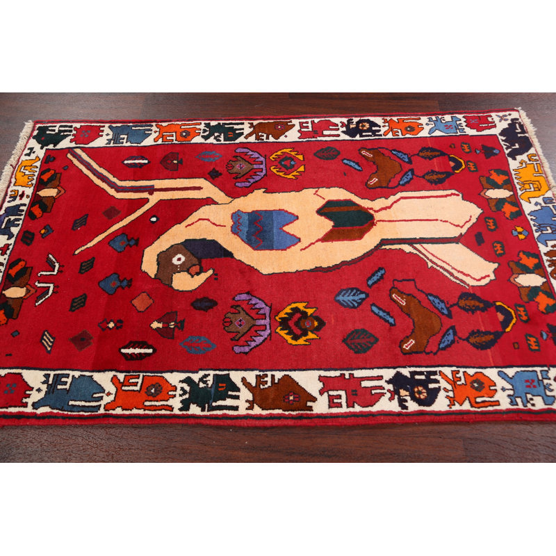 Tapis unique en laine noué à la main Shiraz nouvel âge 3 pi 4 po x 5 pi 3 po rouge