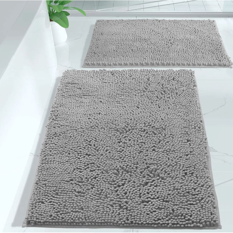 Ensemble de 2 tapis de salle de bain en chenille doux et moelleux gris clair, Gris clair