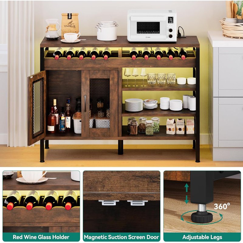 Wine Bar Cabinet with Power Outlets and LED Lights, Industrial Coffee Bar Cabinets for Liquor and Glasses Home Bar Kitchen Buffet Cabinet for Home Living Dining Room 47"
