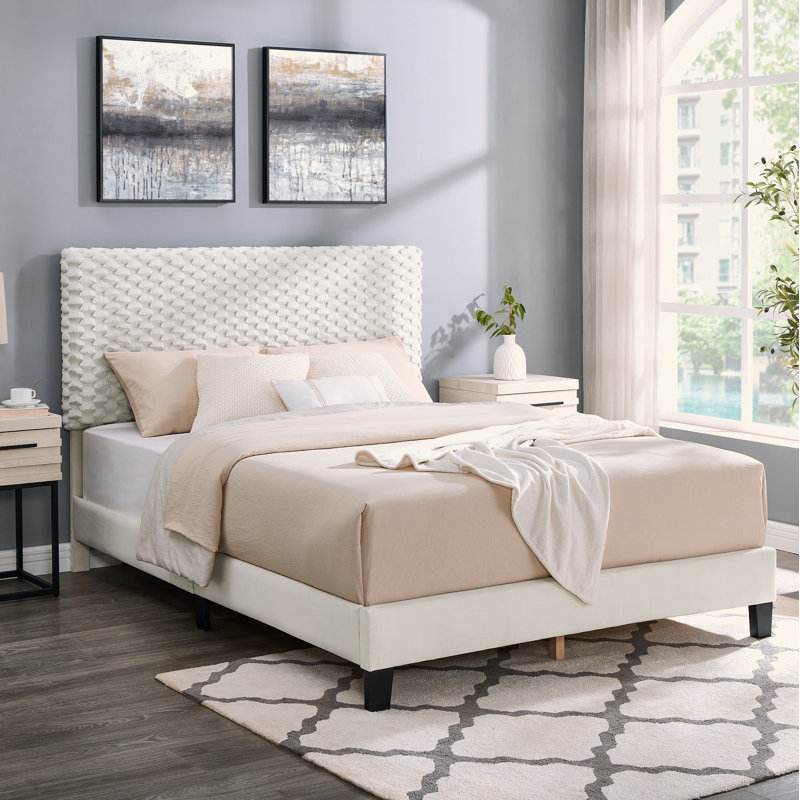 Lit plateforme tapissier Findlay Plush 3D colombe blanche, Full