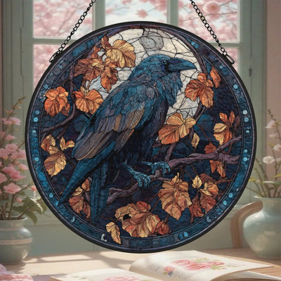 Stained Glass Raven Stained Glass Panels Suncatcher for Window Decor