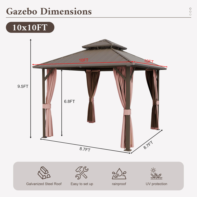  10 pi. X 10 pi Pavillon de jardin en aluminium avec double toit en acier, moustiquaire et rideaux