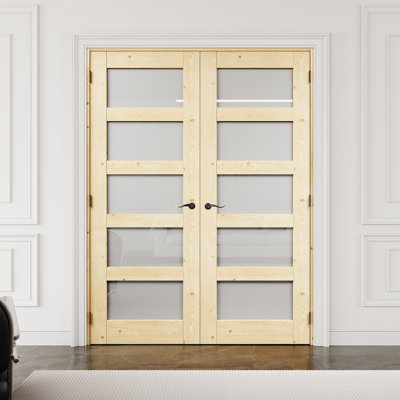 Porte française intérieure en bois de pin et verre givré 5-Lite 56 "x 80" avec quincaillerie noire et loquet et levier de porte, bois de pin naturel, plaque de porte en verre trempé avec intimité, à peindre et imperméable, combinaison pour la lessive, portes de placard, portes de pièce, Assemblage requis