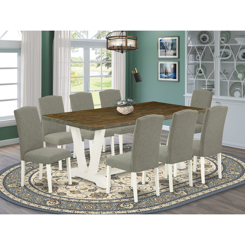 Acacia Solid Wood Dining Set, 30" H x 72" L x 40" W, 9 Pieces: Table, 8 Chairs, Distressed Jacobean