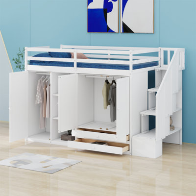 Lit mezzanine avec tablettes, armoires et tiroirs