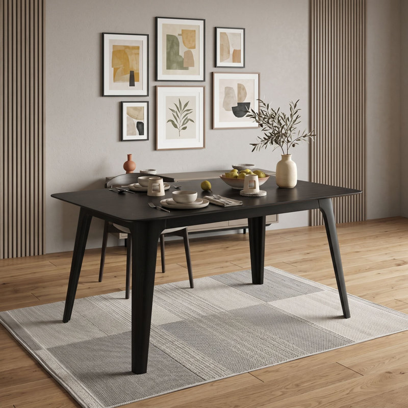 Rectangular Dining Table with Wood Legs, Black
