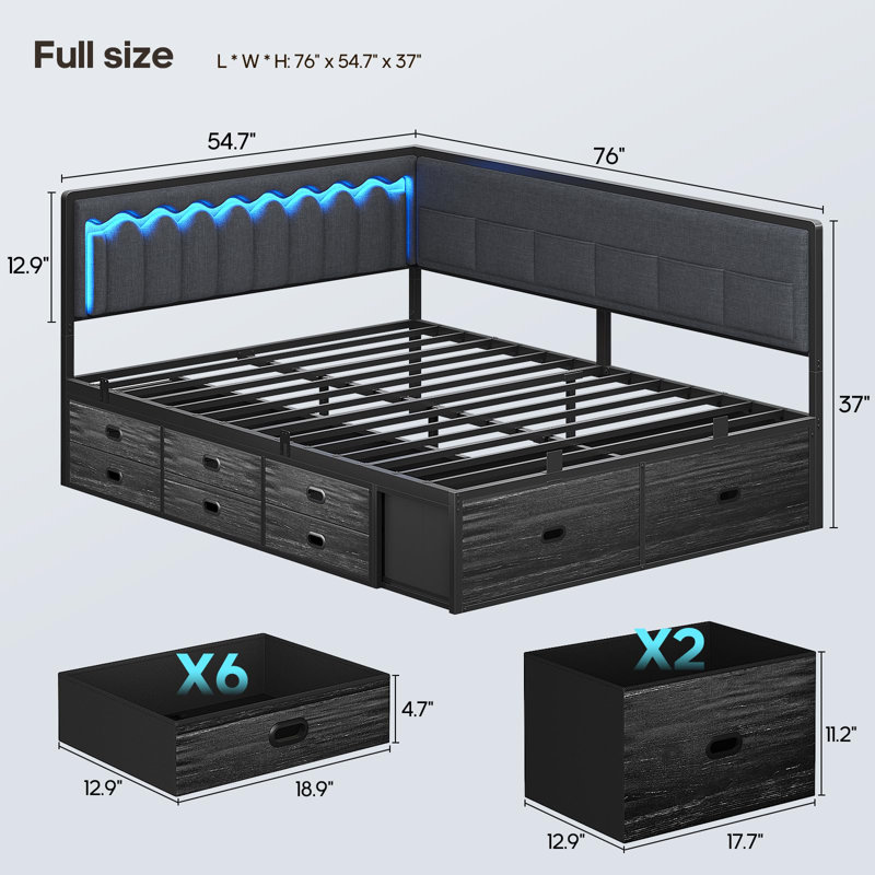 Twin Size Daybed, Corner Bed Frame With 8 Drawers, 6 Storage Pockets, Rgb Wave Lights, Full, Gray/Black