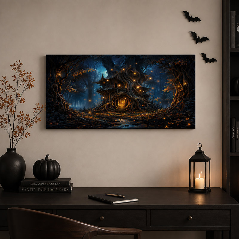 Superbe cabane dans les arbres avec lanternes lumineuses dans une toile murale sombre d'Halloween, 46"W x 24"H