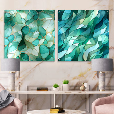 Ensemble de 2 verres de mer et mosaïque émeraude - Ensemble de 2 peintures murales abstraites en acrylique