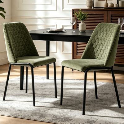 49cmH Modern Linen/Suede Diamond Quilted Upholstered Dining Chairs with Black Metal Legs (Set of 2/4)