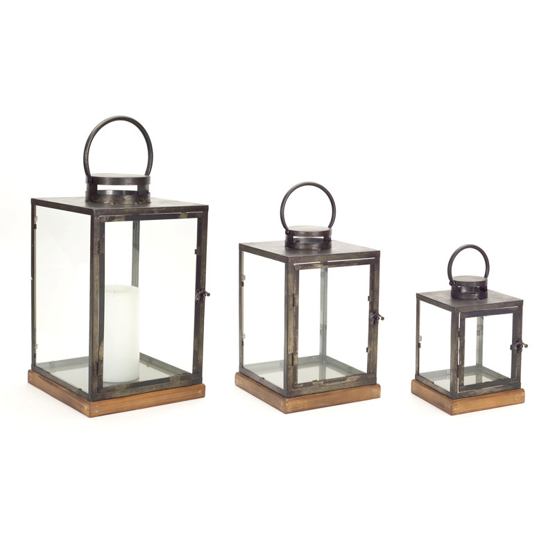 Ensemble de trois bougeoirs de lanterne de plancher en bois et métal
