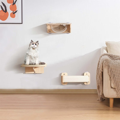 Arbre à chat mural, avec lit à capsules, tablette rembourrée, griffoir, arbre à chat flottant en bois