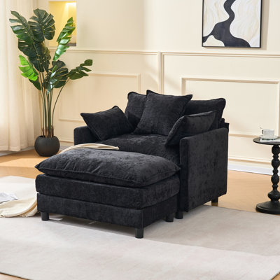Black Chenille Reading Chair With , 39.4" Modern Accent For Bedroom Soft Seat And Pillow Top Arms Square Contours Breathable Fabric Foam