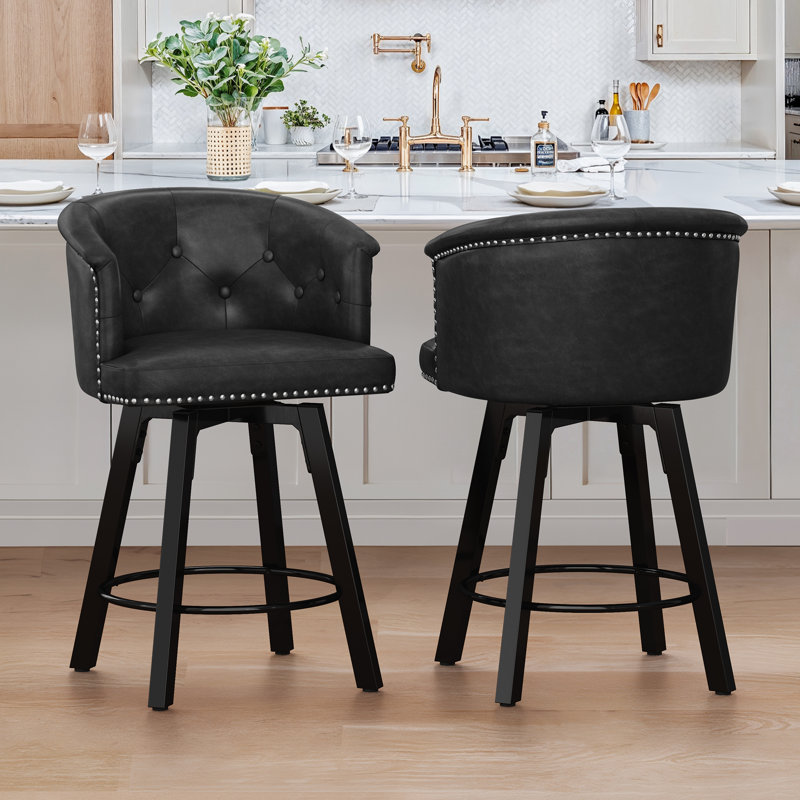 Swivel Upholstered Counter Stool With Metal Frame, Black