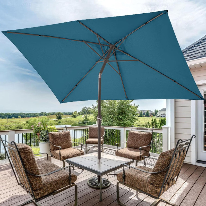  Parasol d'extérieur, parasol rectangulaire rectangulaire de 6,5 x 10 pi avec bouton-poussoir inclinable et manivelle, parasol de table de marché, 6 nervures robustes, protection contre les rayons UV pour la terrasse du jardin près de la piscine, bleu lac