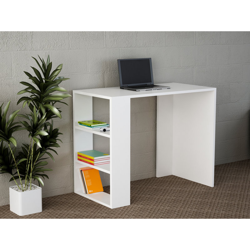 Modern Study Desk with Numerous Shelves, White Color, 35.4 x 29.1 x 15.8 inches | 100% Melamine Coated Particle Board, Thickness: 0.71 inches | Wall-Mountable Design, Elegant & Functional for Home Office & Study Spaces
