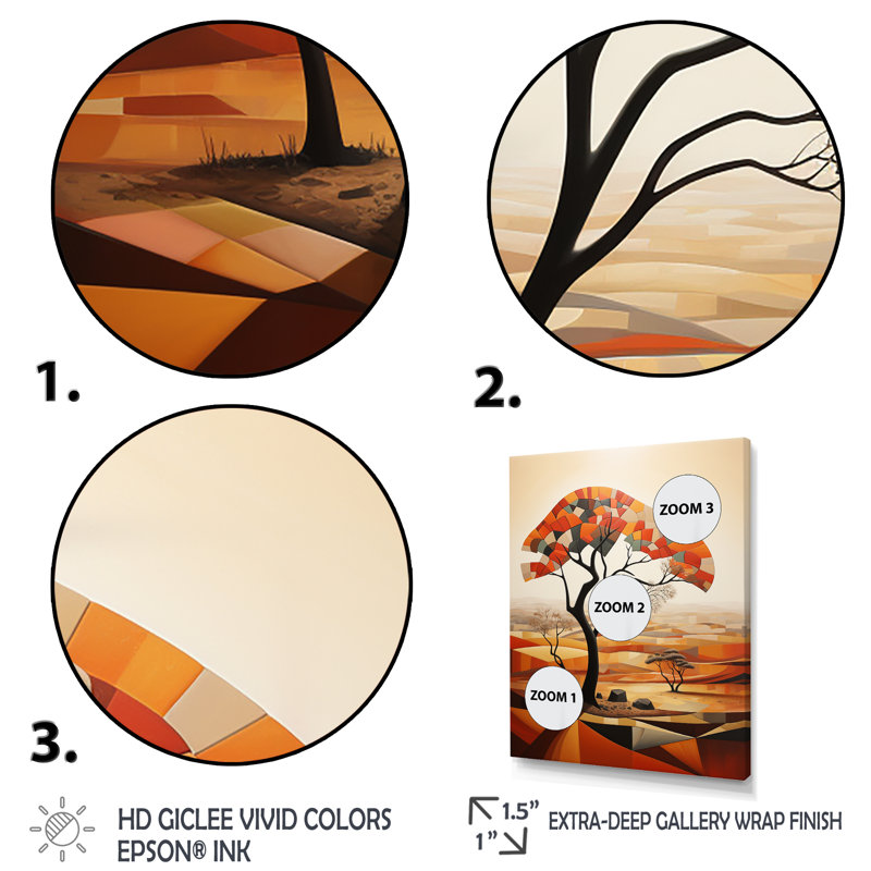 Cubist African Tree Landscape 3 - Art mural africain, H 44 po x l 34 po x P 1,5 po, Cadre photo noir simple