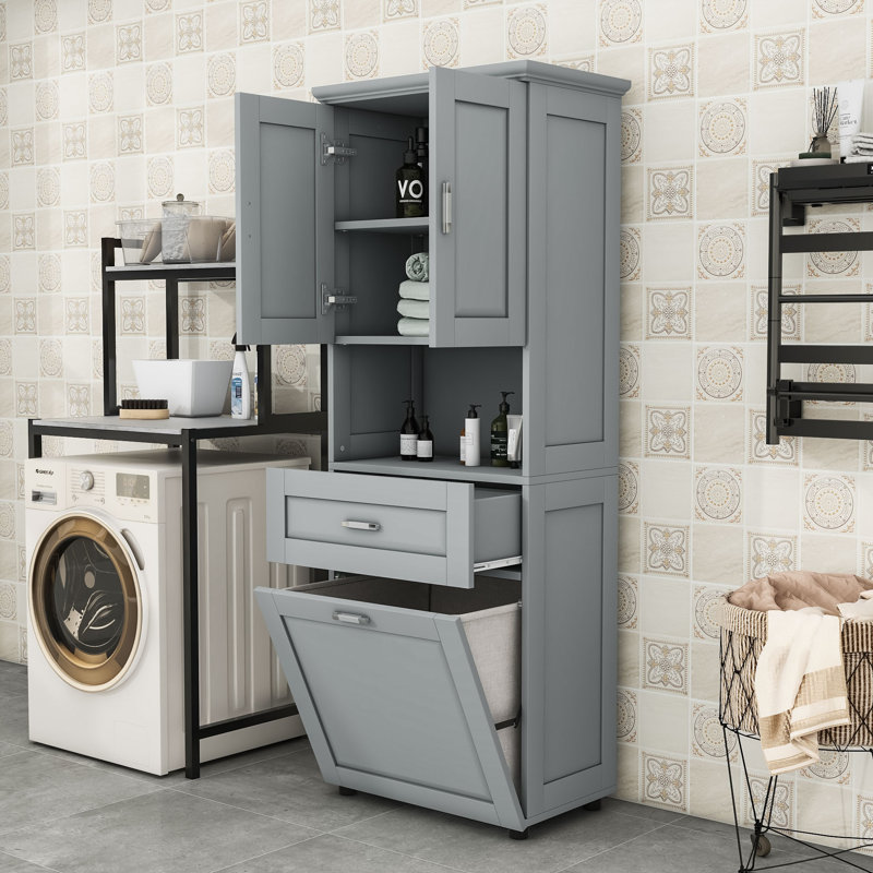 Graisyn Tall Bathroom Cabinet with Integrated Laundry Basket and Adjustable Shelf, Gray