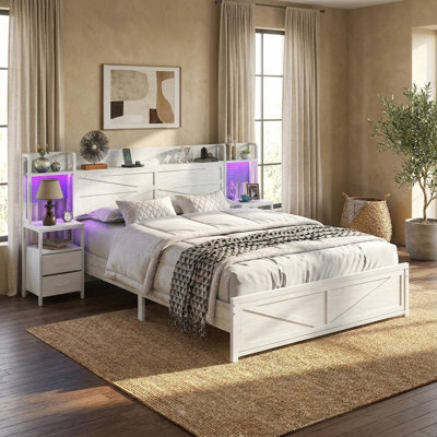 Queen & King Size Farmhouse Metal Platform Bed Frame with Storage Headboard, Built-in Nightstands, RGB LED Lights, Charging Station & Pegboard, 1000 lbs Capacity, No Box Spring Needed