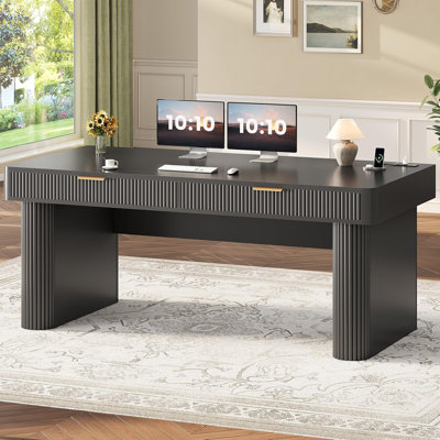 Bureau d'ordinateur Ffice avec 2 tiroirs, bureau d'ordinateur cannelé 59 "avec rangement et multiprise