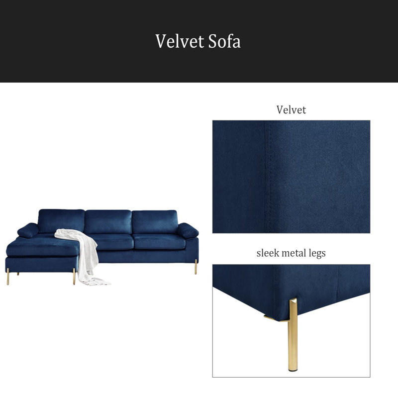 Canapé en velours, Orienté à droite, Bleu