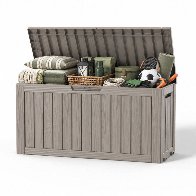 Emperic Design 90 Gallon Resin Outdoor Deck Box with Wheels, Waterproof Patio Storage Container for Cushions, Garden Tools, Pool Toys & Camping Gear