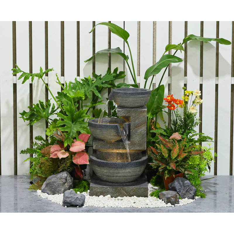 Cascading Bowl Fountain with Dual Warm White LED Lights, Gray, 24" H x 14" W x 14" D