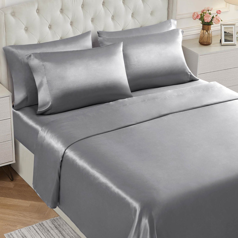 BCBG Satin Sheet Sets with Extra Pillowcases, Queen, Alloy Gray