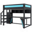 Lit mezzanine double avec bureau et garde-robe, structure de lit mezzanine avec DEL, USB intégré, noir et bleu