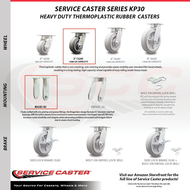 5 Inch Thermoplastic Rubber Caster Set with 2 Brakes/Swivel Lock 2 Rigid SCC/SCC-30CS520-TPRRF-TLB-BSL-2-R-2