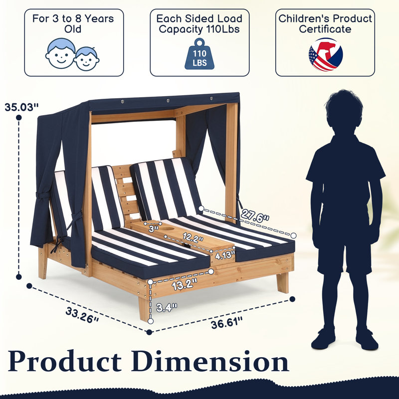 Kids Double Chaise Lounge with Canopy 2-Seater Sunbed with Cup Holder and Blue & White Striped Cushions, Blue