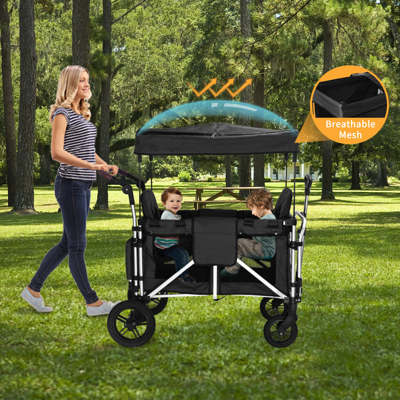 Stroller Wagon For 2 Kids,  Wagon Cart Featuring 2 High Seat With 5-point Harnesses And Adjustable Canopy, Foldable Push-pull Rod Wagon Stroller For Garden, Stroller, Camping, Grocery Cart