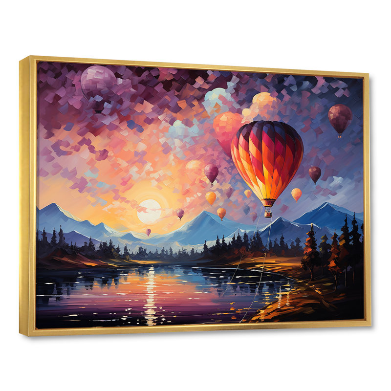 «Expressionist Balloon Flight» sur toile, Cadre flottant doré, H 16 po x l 32 po x P 1 po