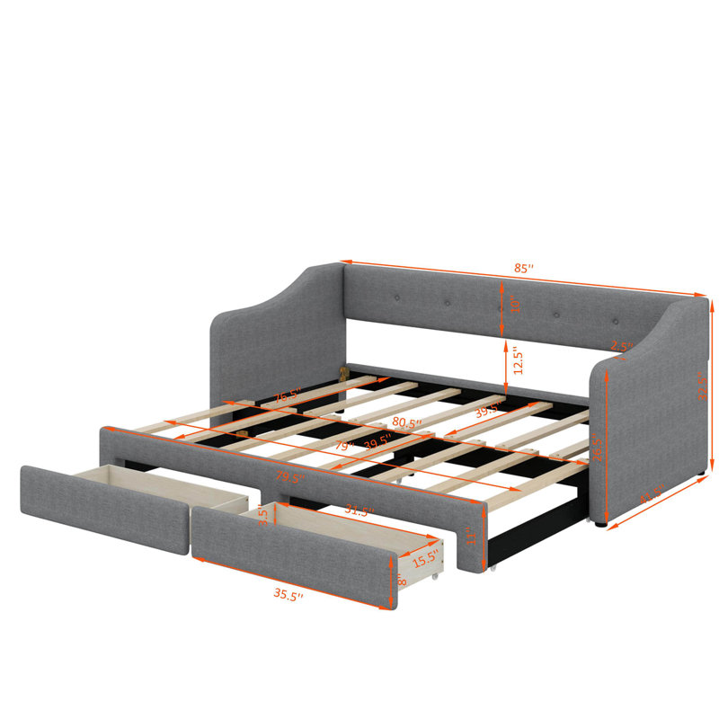 Twin XL  to King Size Upholstered Daybed With Drawers, Gray