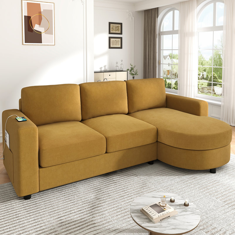 Canapé modulaire en forme de L de 84,6 po avec méridienne courbée, USB et rangement Boneless, Chenille - Yellow