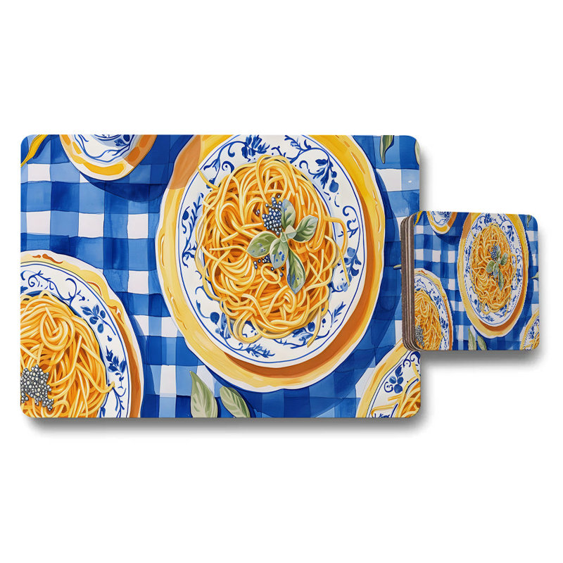 Pasta Plate Pattern Placemat and Coaster Set in Blue Checkered Design