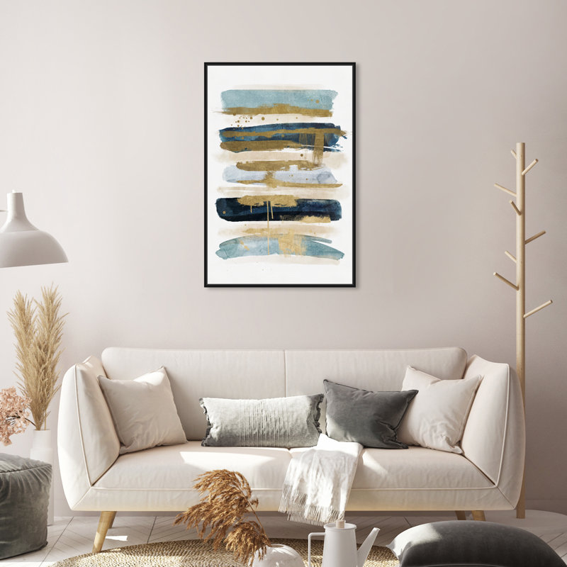 «Abstract Ocean Line» bleu / or / beige - impression sur toile, H 30 po x l 20 po, Cadre flottant noir