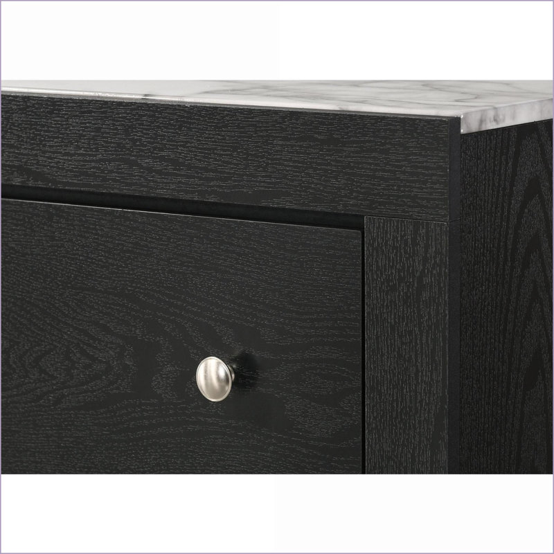 Table de chevet moderne à 2 tiroirs avec plateau en faux marbre, finition noire