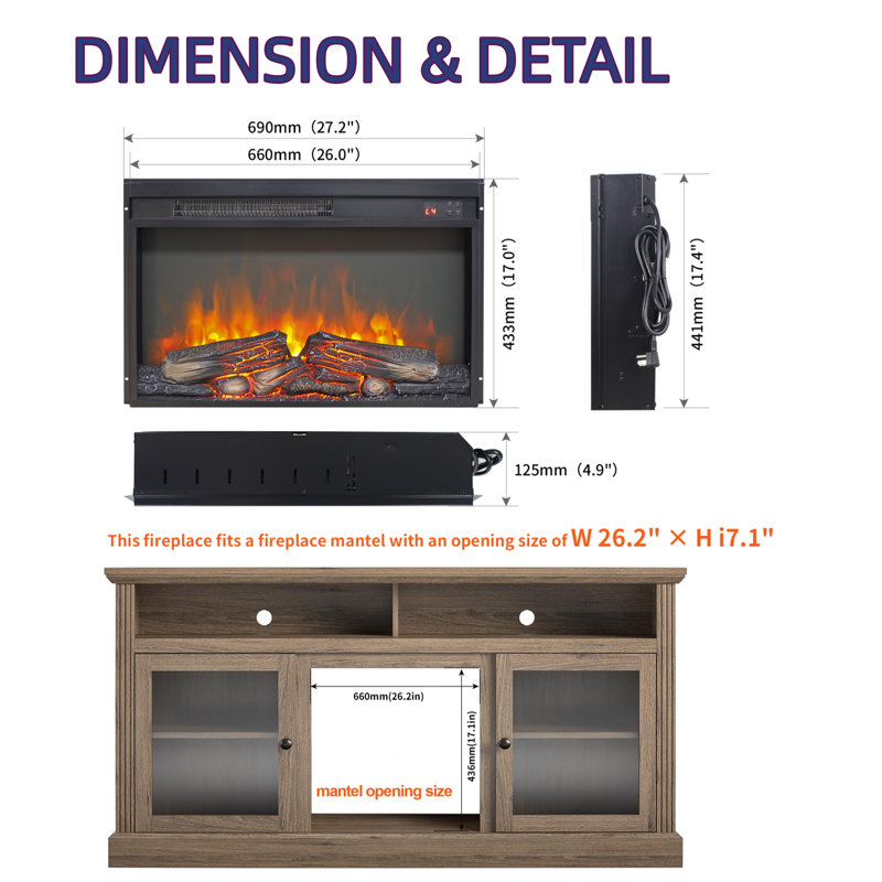 26 Inch Electric Fireplace Insert, Ultra Thin Heater With Log Set & Realistic Flame, Remote Control With Timer, Overheating Protection