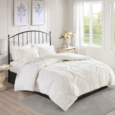 Literie 3 pièces en chenille de coton double / grand, blanc chic décontracté avec attaches et boutons à nouer sécurisés