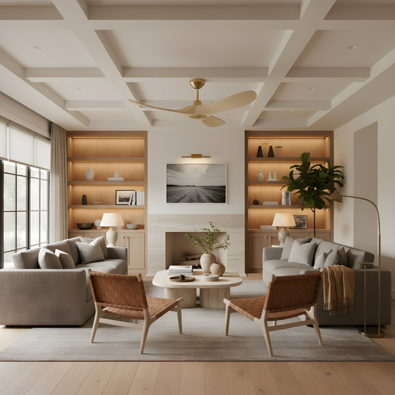 Maverick Smart 44 Indoor Ceiling Fan with Threaded Downrod, blades and Handheld Remote, Burnished Brass, Washed White Oak