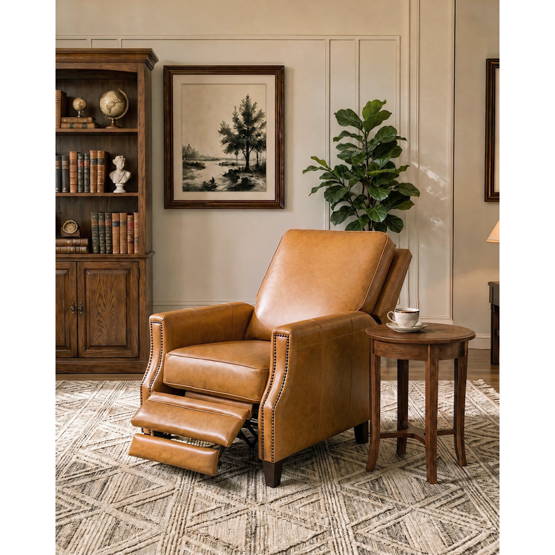 Fauteuil inclinable ergonomique en cuir véritable, dossier haut, pieds en bois massif, fini riveté, facile à nettoyer et à monter, coussin épais, idéal pour le salon ou le bureau, brun foncé.