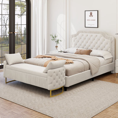 2 Pieces Bedroom Sets Ruched and Button Tufted Velvet Upholstered Bed Frame with Storage Ottoman Bench
