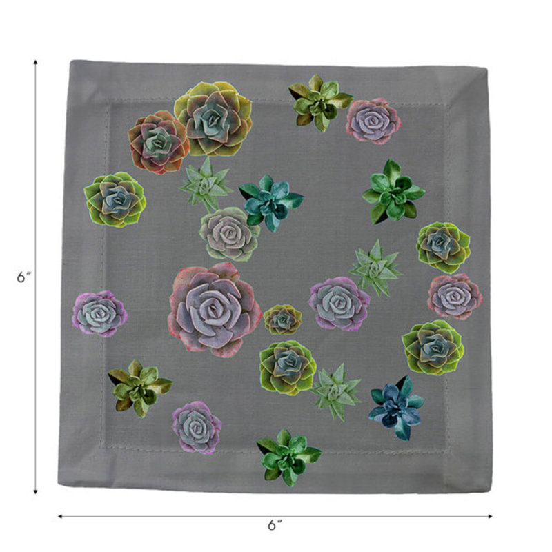 Succulents Floating Cotton Sateen Cocktail Napkins, Gray