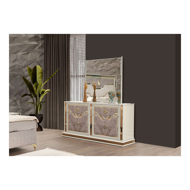 Omari Modern Style 6- Drawer Dresser Made with Wood and Gold Accents in Beige (INCLUDES DRESSER ONLY)